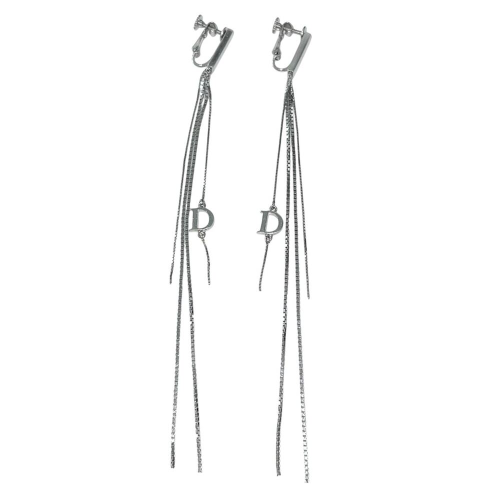 AUTH VTG Christian Dior Silver Long Chain D Charm Logo Fringe Tassel Earrings